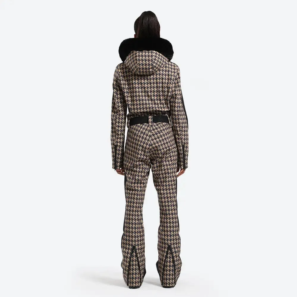 Women Chic One-piece Ski Jumpsuits Houndstooth Snow Outfits 