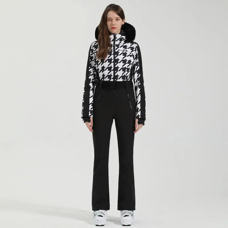 Women Chic One-piece Ski Jumpsuits Houndstooth Snow Outfits 