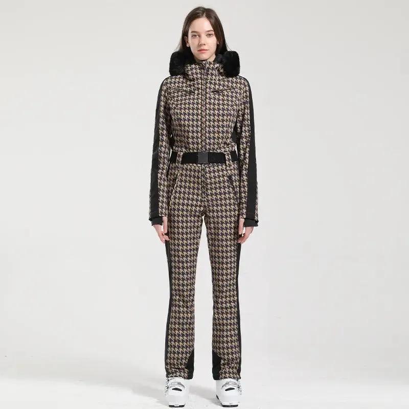 Women Chic One-piece Ski Jumpsuits Houndstooth Snow Outfits 