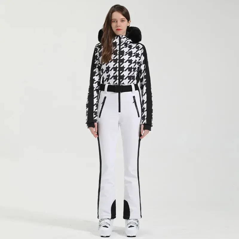 Women Chic One-piece Ski Jumpsuits Houndstooth Snow Outfits 