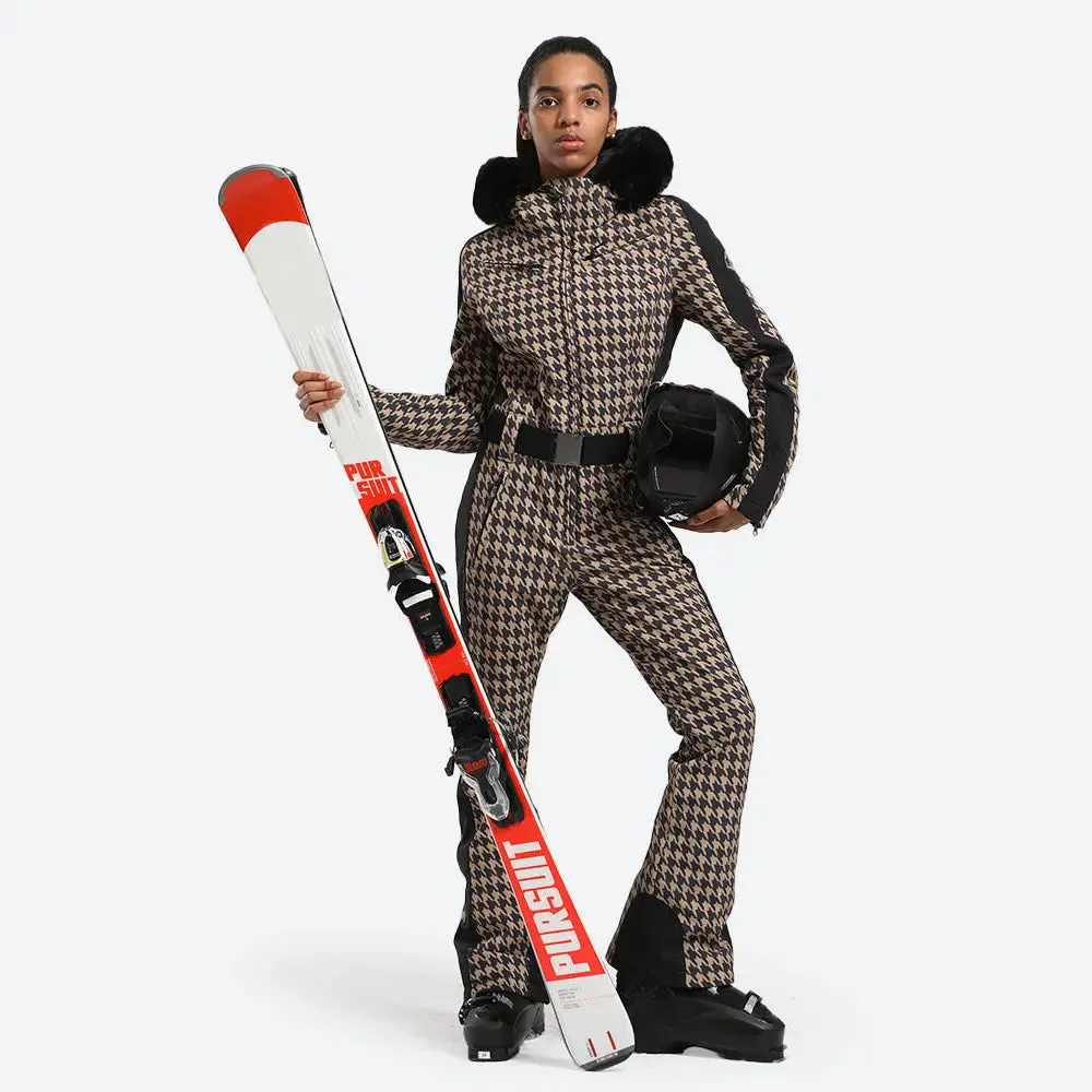 Women Chic One-piece Ski Jumpsuits Houndstooth Snow Outfits 