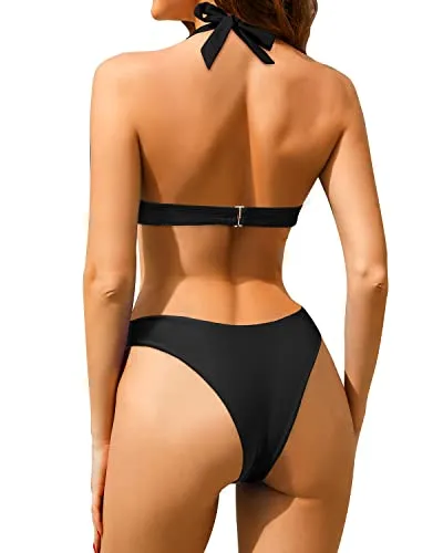 Women's High Cut Halter Bikini Sets V Neck Bathing Suits Cheeky Two Piece