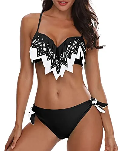 Women's Side Tie Bikini Bottom High Cut Low Rise Bikini Sets-Black