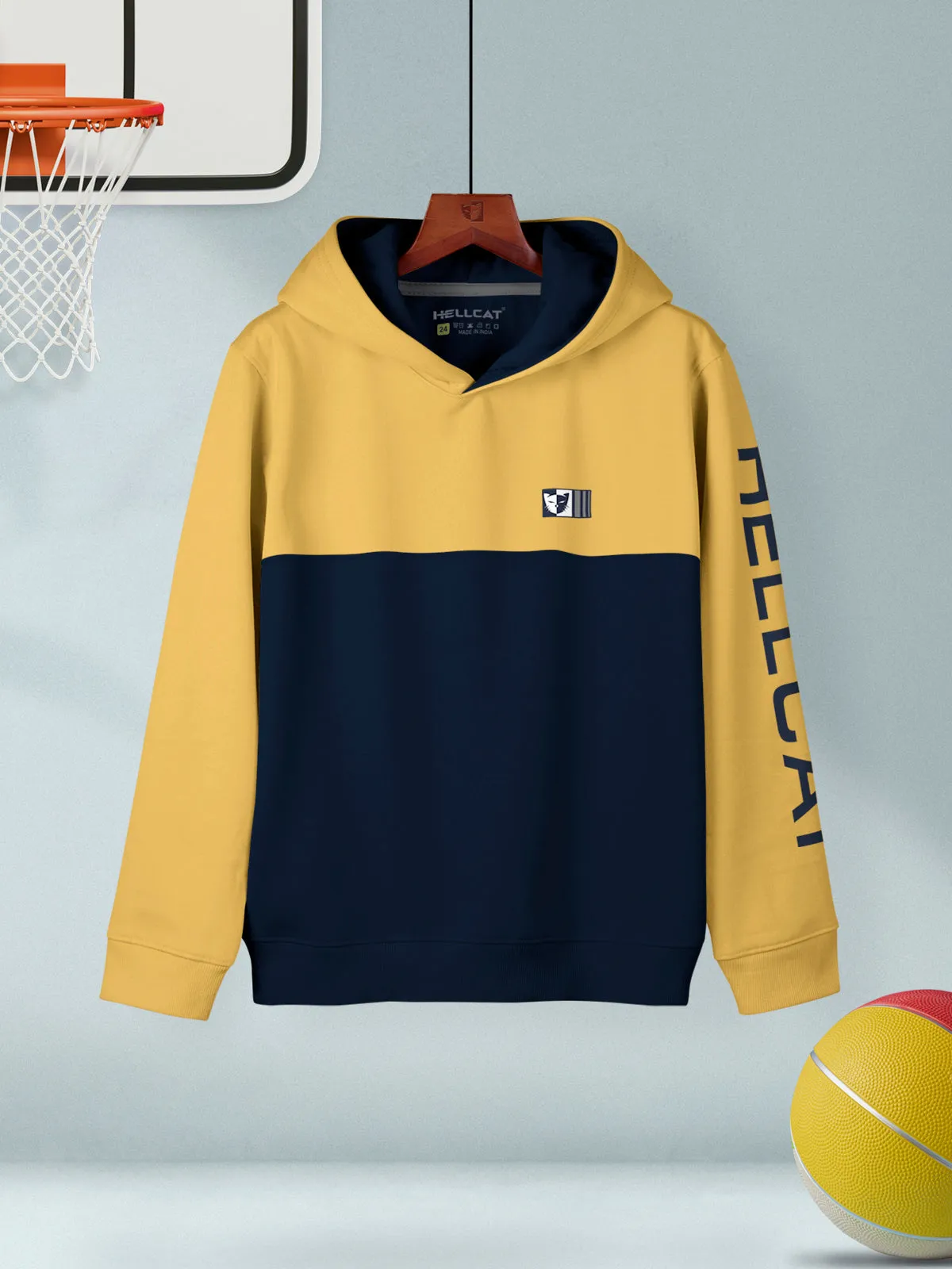 Yellow Colourblocked Cotton Blend Hoodie T-shirts For Boys